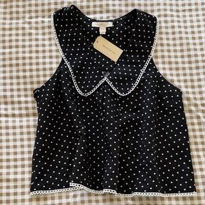 Black & White Polka Dot Sleeveless Top with Lace-Trim Collar